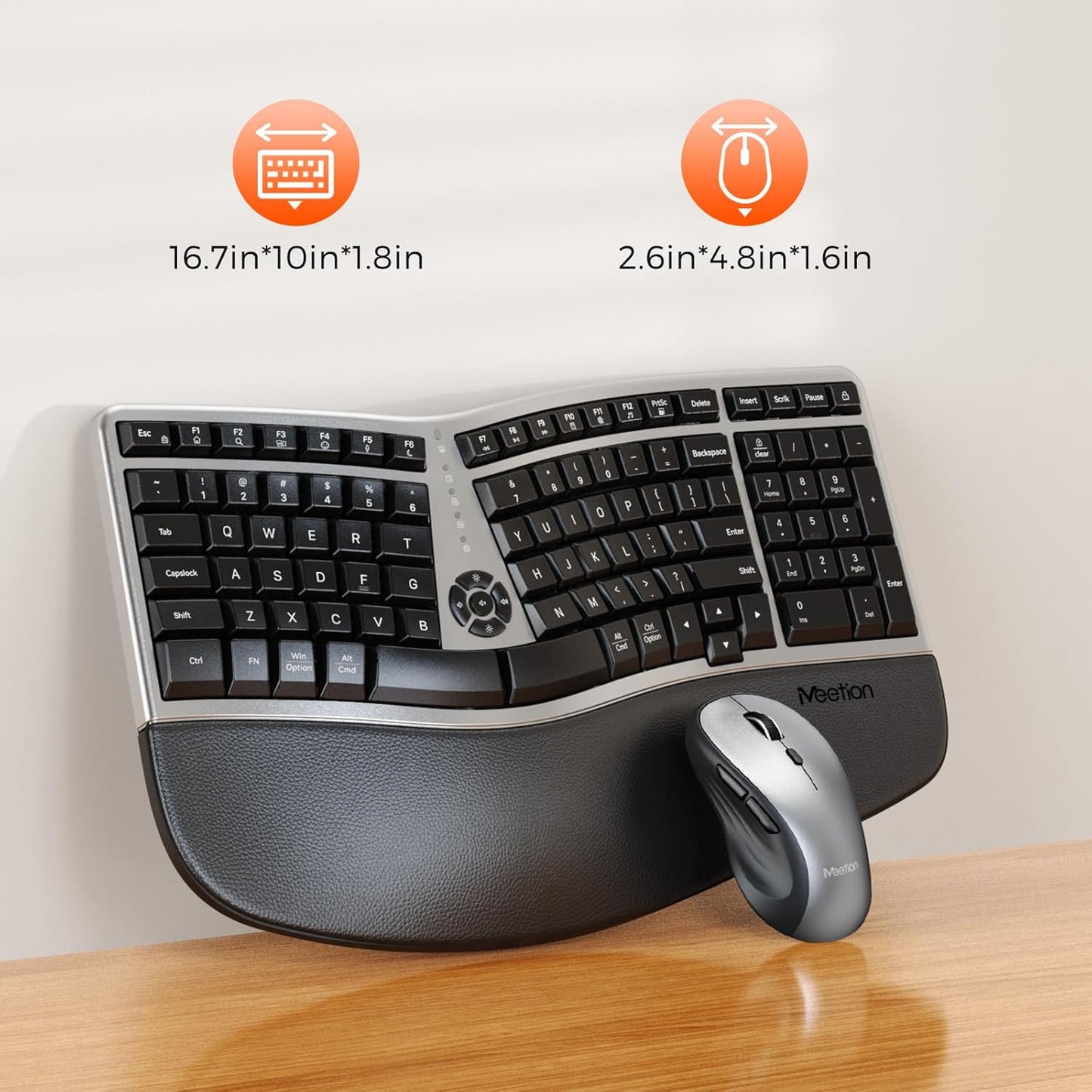 MEETION Combo ergonómico de teclado y mouse inalámbrico, teclado compacto curvado de 2.4 G con reposamanos acolchado, mouse inalámbrico ajustable de 4 niveles DPI para Windows/Mac/Escritorio/PC