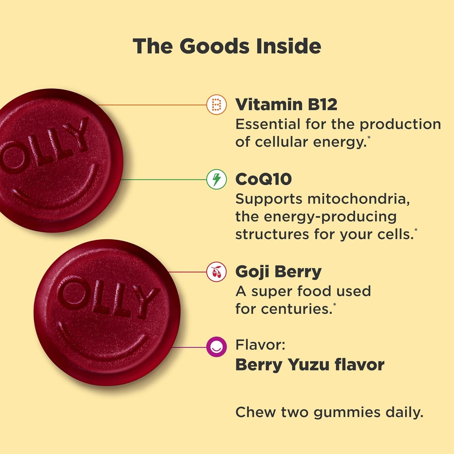 OLLY Extra Strength Daily Energy Gummy, sin cafeína, 1000 mcg de vi...