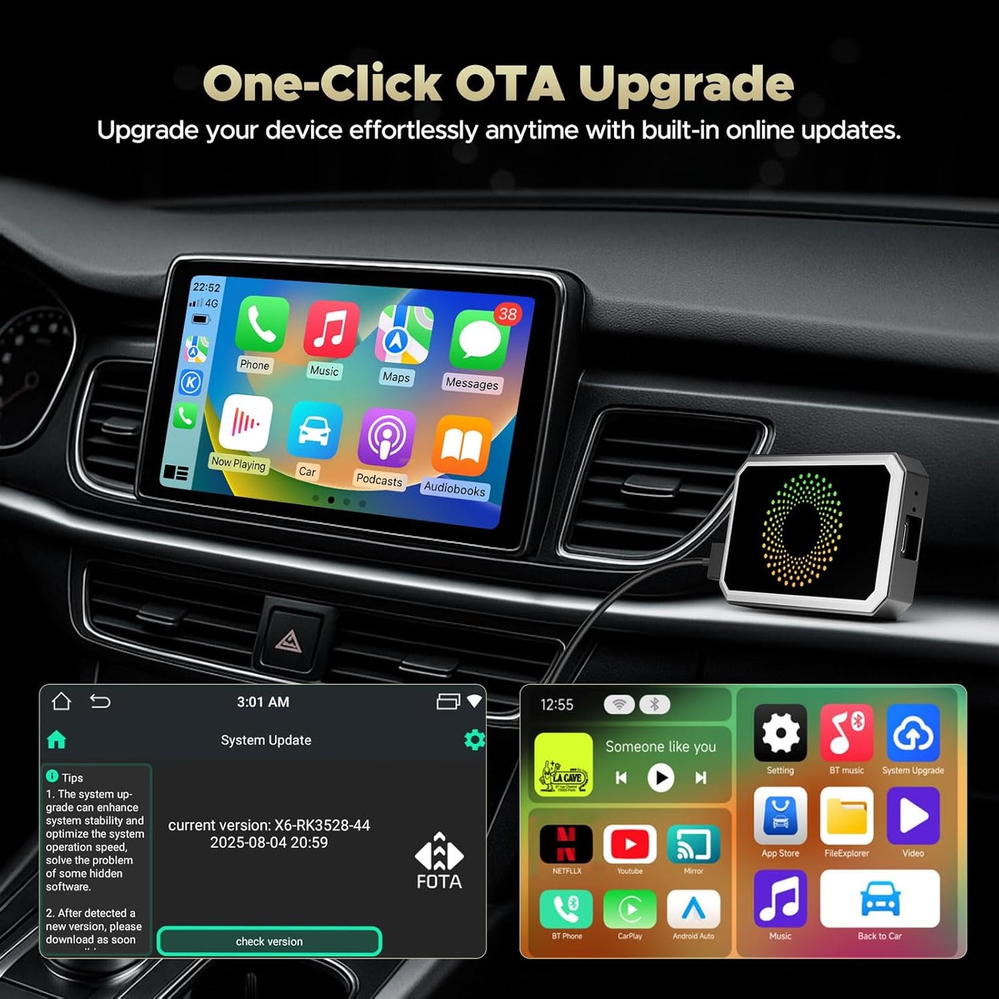 TOGUARDGO Adaptador inalámbrico 3 en 1 Carplay Magic AI Box con Net-Flix YouTube TikTok Actualización de Car Play con cable a soporte inalámbrico Unidad USB para iPhone 10+ y Android 13+