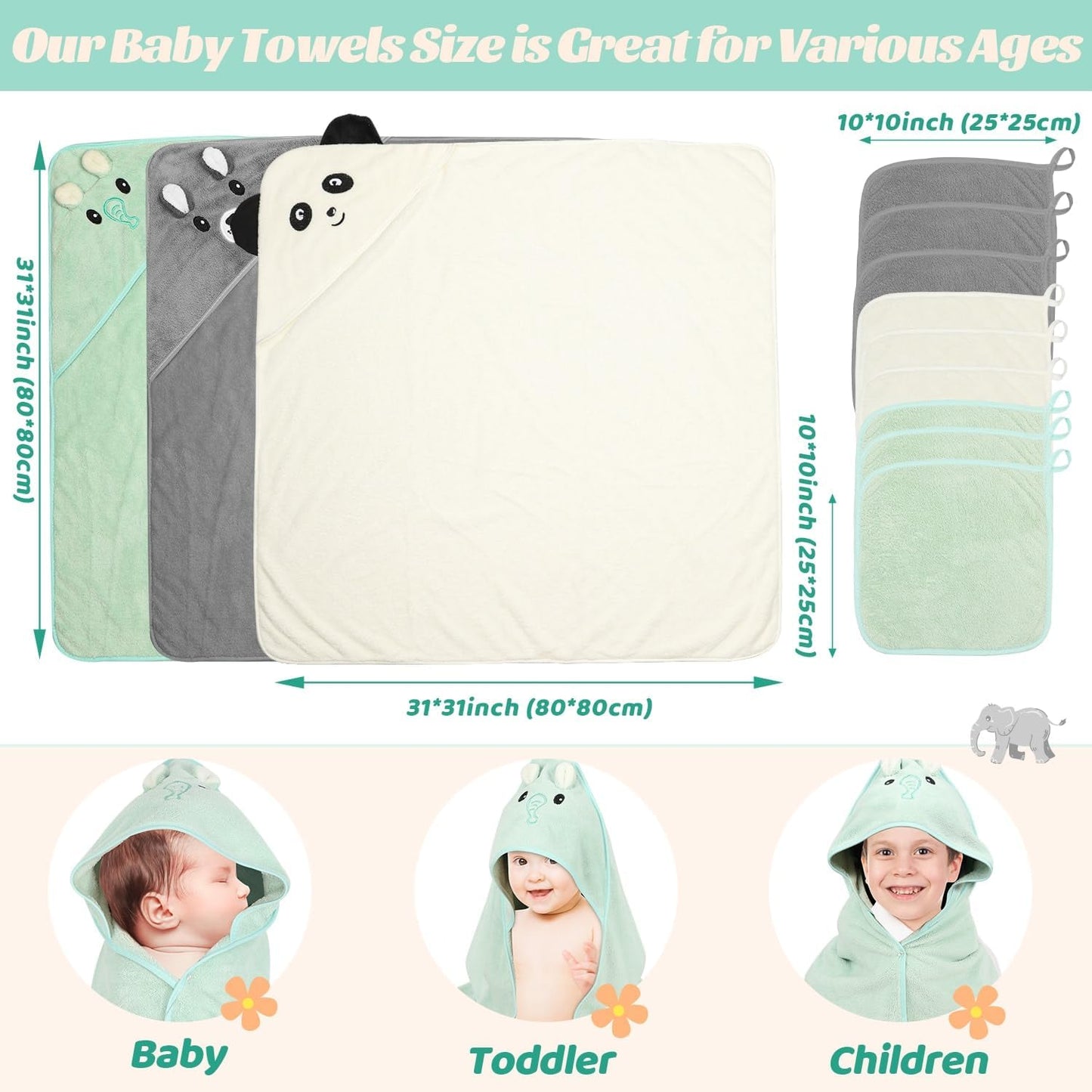 12 toallas de bebé, 3 toallas suaves con capucha y 9 paños de baño, toallas de baño para recién nacidos, bebés y niños pequeños, ultra absorbentes, lindas toallas de bebé de regalo para niños