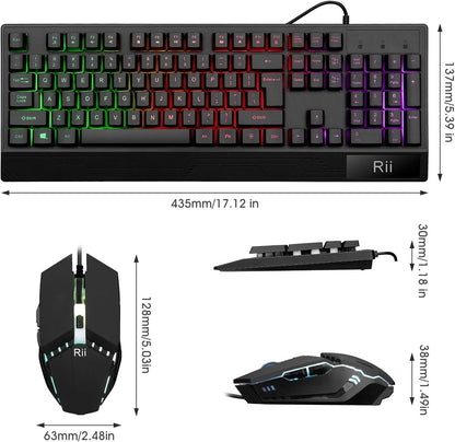 Rii, combo de teclado y mouse para juegos, teclado con cable USB, con 104 teclas, retroiluminación RGB LED con reposamuñecas para PC/Laptop (negro)