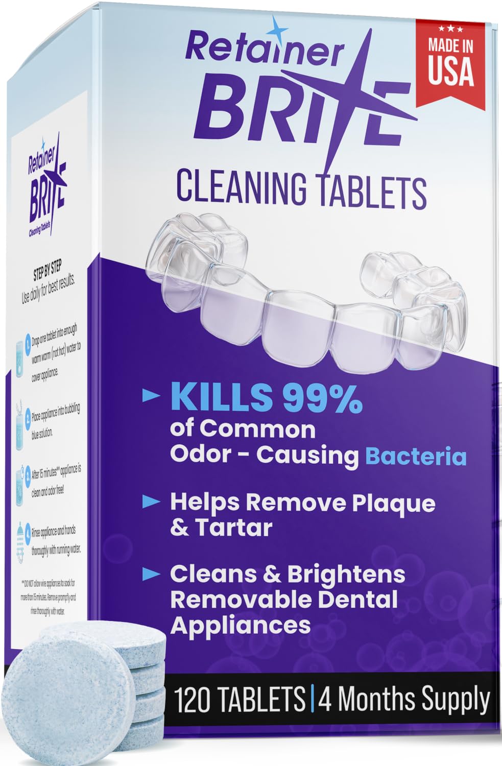 Retainer Brite Tabletas limpiadoras de retenedores para limpiadores ultrasónicos, utilizadas para limpiar Invisalign, protector bucal, protector nocturno y más, suministro de 4 meses, fabricado en