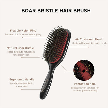 Cepillo de cerdas de jabalí, pines de nylon suaves y cerdas de jabalí para alisar, desenredar, cerdas suaves que reducen la rotura y mejoran el brillo, cepillo para mujeres, hombres