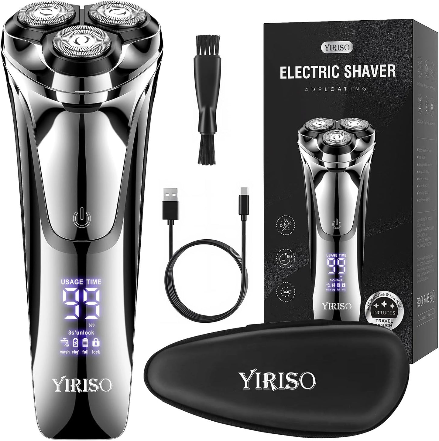 Maquinilla de afeitar eléctrica para hombres, afeitadora de larga duración de 90 minutos con cabezal flotante 4D y pantalla LCD, ultra suave para pieles sensibles, IPX6 impermeable, carga rápida USB-C, con estuche de viaje, regalo ideal