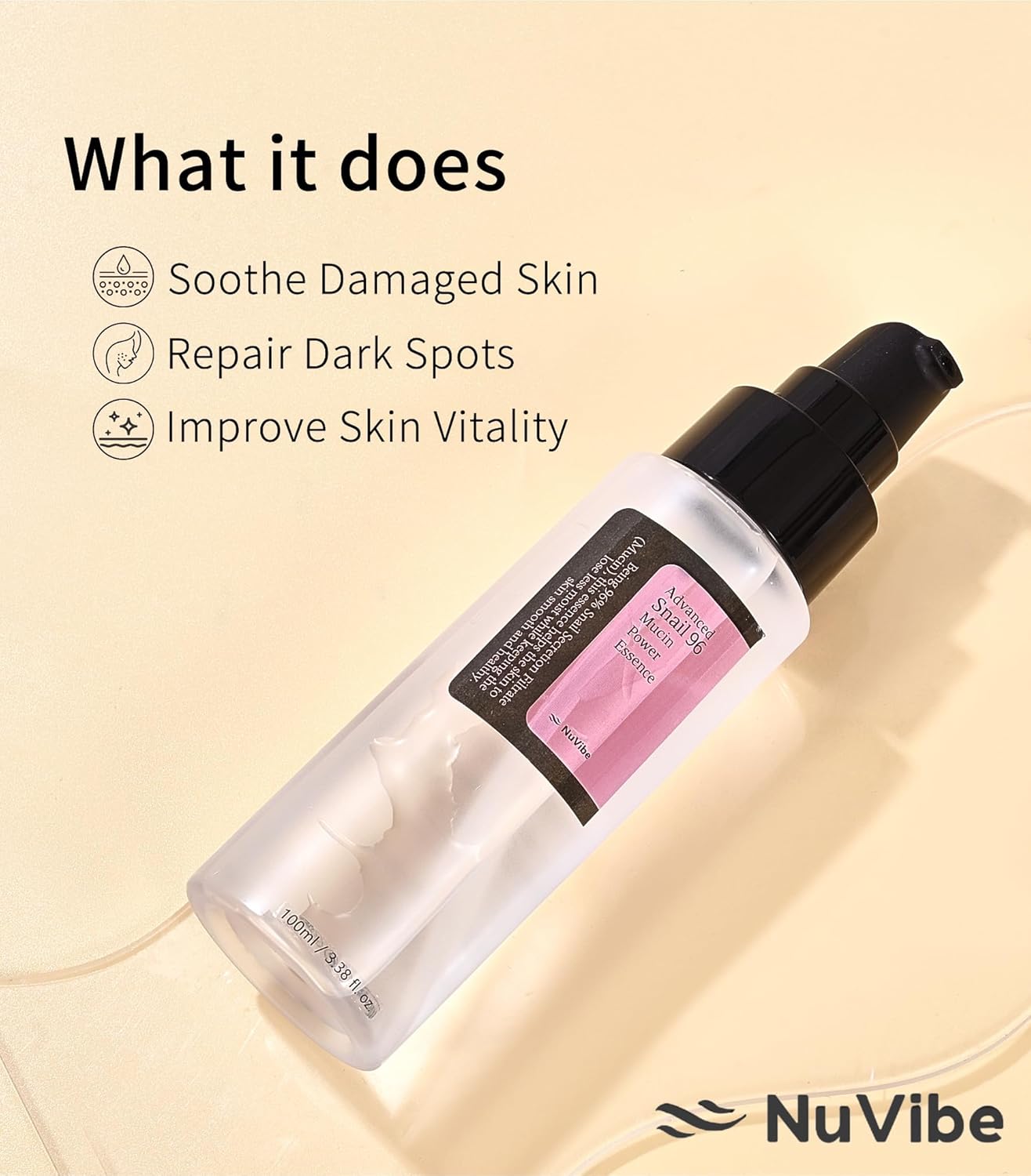 NuVibe Avanced Snail Mucin 96% Essence - Suero facial hidratante con filtrado de secreción de caracol para piel seca y opaca y líneas finas | Cuidado coreano de la piel para cara, ojos y cuello | 3.38 onzas líquidas (3.4 fl oz)