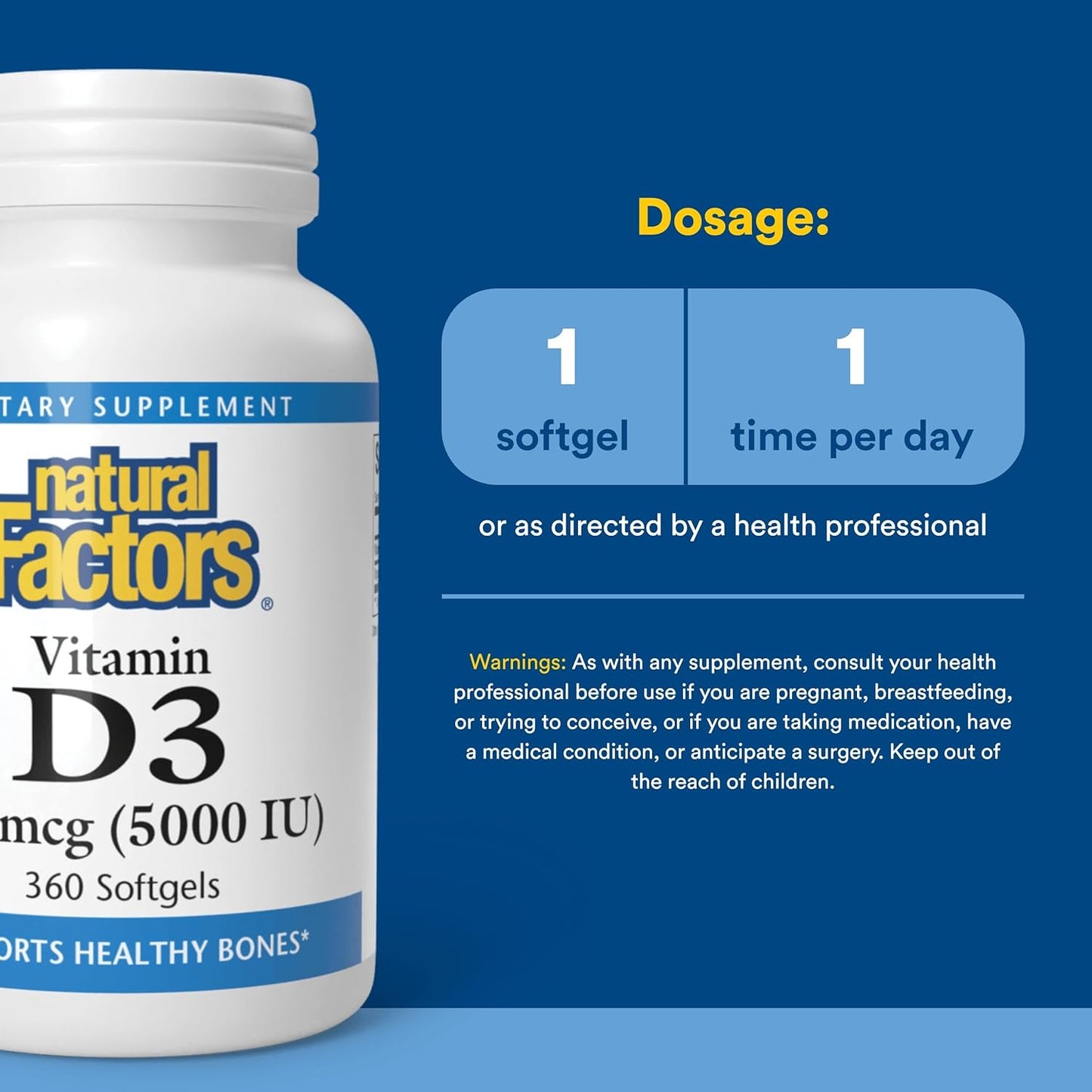 Natural Factors, Vitamina D3 5000 UI (125 mcg), apoya huesos fuerte...