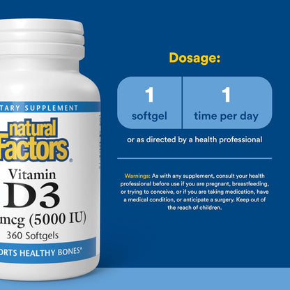 Natural Factors, Vitamina D3 5000 UI (125 mcg), apoya huesos fuerte...