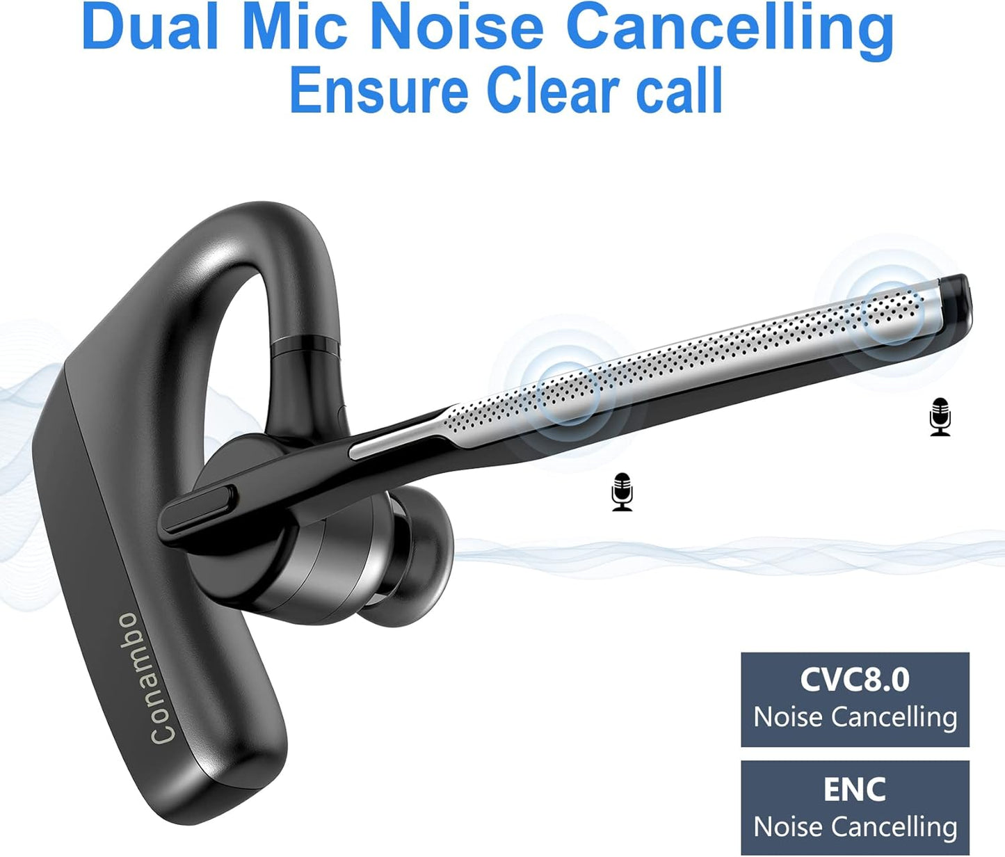 CONAMBO Auriculares Bluetooth V5.1, 16 horas HD Talktime CVC8.0 Dual Mic Cancelación de Ruido Manos Libres Auricular Bluetooth para Teléfono Celular iPhone Android Conducción Negocios Oficina