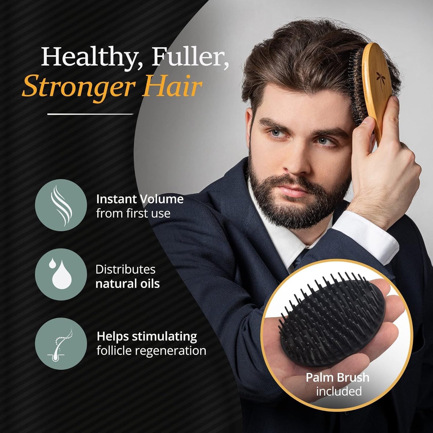 Belula Set de aseo de cabello para hombres: cepillo de cerdas de jabalí, cepillo de alfiler de nailon, peine de madera y bolsa de viaje para peinar