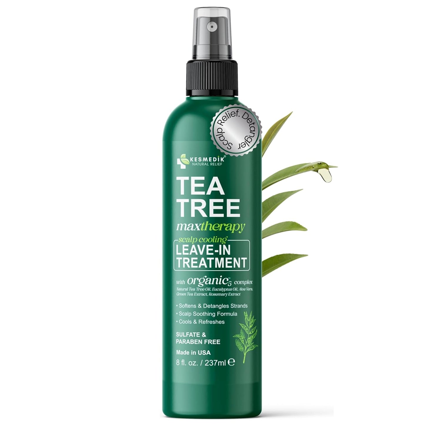 Aceite de árbol de té puro sin enjuague en espray desenredante, control del encrespamiento, tratamiento intensivo para el cuero cabelludo seco y con picazón, alivio contra la caspa y la