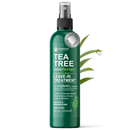 Aceite de árbol de té puro sin enjuague en espray desenredante, control del encrespamiento, tratamiento intensivo para el cuero cabelludo seco y con picazón, alivio contra la caspa y la