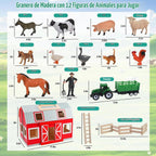 Juguetes de madera de granero, juego de granero con 12 figuras de juego de animales para más de 3 años, granero de juguete y animales de granja, juego de granero de madera para regalo de cumpleaños de Navidad para niños y niñas