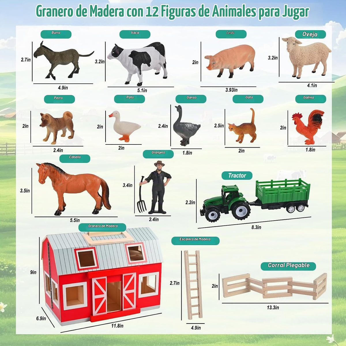 Juguetes de madera de granero, juego de granero con 12 figuras de juego de animales para más de 3 años, granero de juguete y animales de granja, juego de granero de madera para regalo de cumpleaños de Navidad para niños y niñas