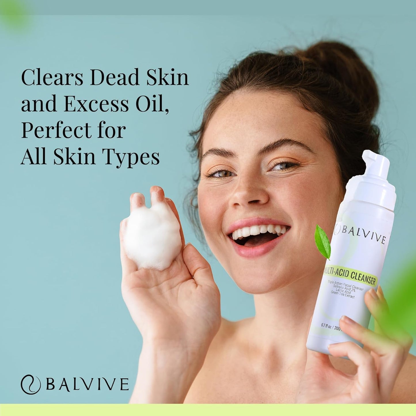 Limpiador facial espumoso con ácido salicílico, ácido glicólico, ácido láctico y extracto de té verde, lavado facial para acné, piel grasa y sensible, removedor de maquillaje y cuidado de la