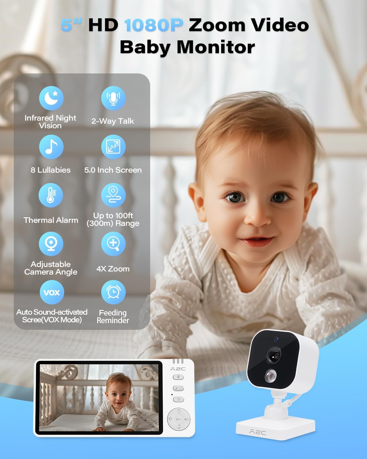 A2C Cámara de coche para bebé, monitor de bebé HD 1080P de 5 pulgad...