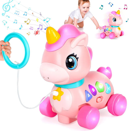 Juguete de unicornio para bebés de 6 a 12 a 18 meses con música y luces, explora la educación bilingüe para el desarrollo sensorial de los niños pequeños, aprender a caminar, moverse, gatear, para el tiempo de la barriga, juguetes de Navidad, regalos de c
