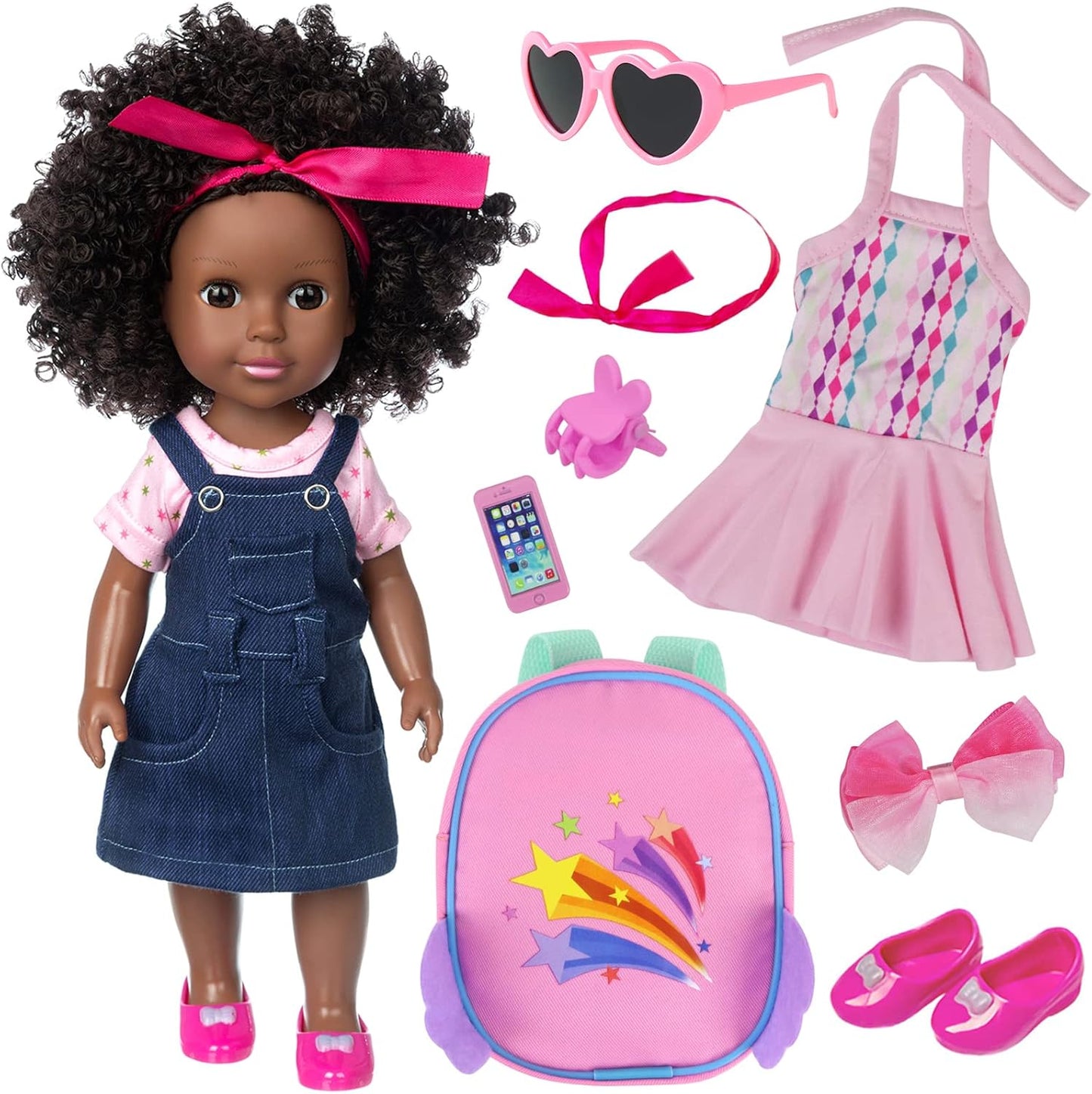 Ecore Fun Muñeca negra de 14.5 pulgadas, juego de ropa y muñeca afr...