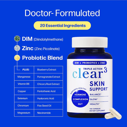 Suplemento para la piel clara con zinc, DIM y probióticos | Apoyo 3...