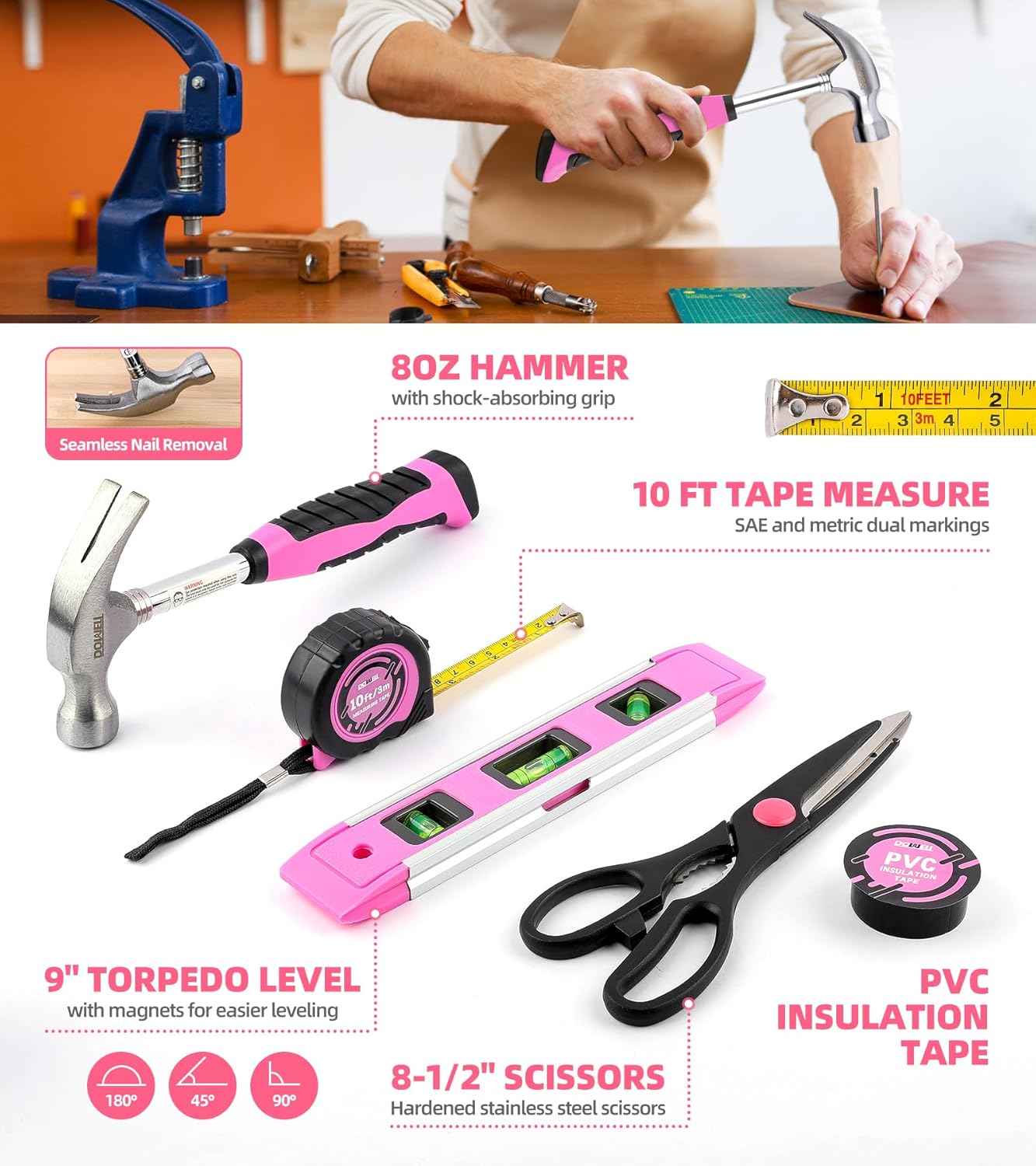 Juego de herramientas de 143 piezas rosa para propietario de casa c...
