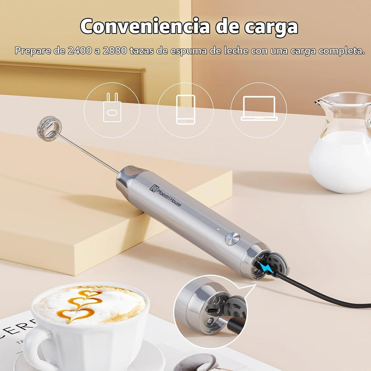 Maestri House LunaFro - Espumador de leche recargable con soporte,...