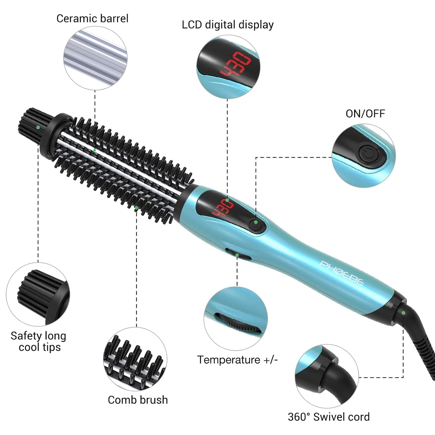 Phoebe Rizador con Cepillo, cerdas antiquemaduras, calentamiento instantáneo, doble voltaje, cerámica turmalina iónica, varita rizadora para todo tipo de cabello (1 pulgada)