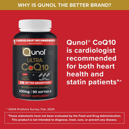 Qunol Cápsulas blandas CoQ10 de 100 mg, Ultra CoQ10 100 mg, 3 veces...