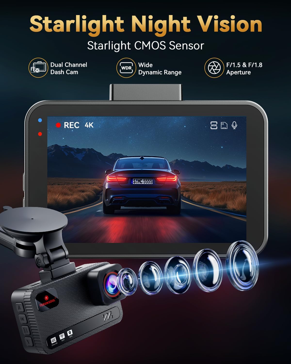 Cámara de tablero frontal y trasera 4K+4K, tarjeta gratuita de 128 GB incluida, cámara WiFi de 5.8 GHz para autos, GPS integrado, sensor G, gran angular de 170°, pantalla IPS de 3 pulgadas