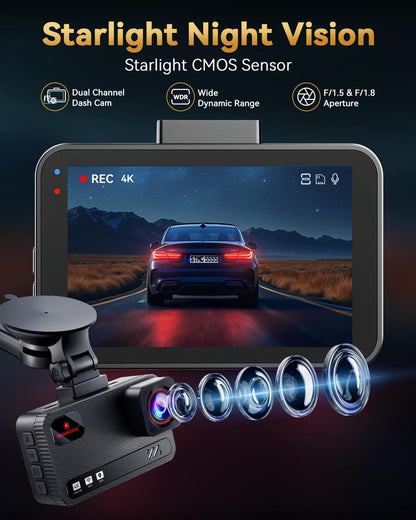 Cámara de tablero frontal y trasera 4K+4K, tarjeta gratuita de 128 GB incluida, cámara WiFi de 5.8 GHz para autos, GPS integrado, sensor G, gran angular de 170°, pantalla IPS de 3 pulgadas
