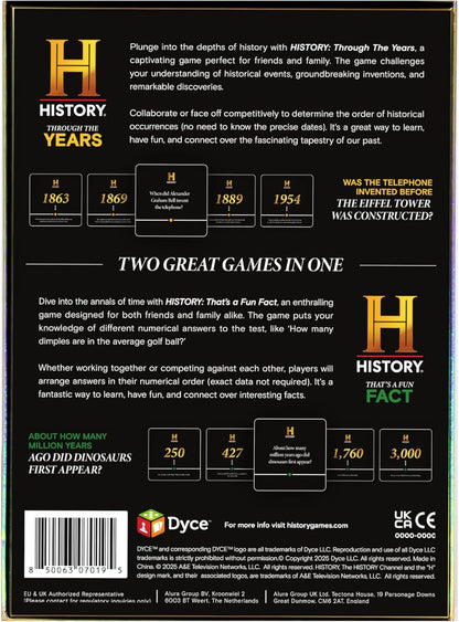 History Channel Edición 2 en 1 - A Través de los Años/Eso es un Dato Curioso - Conocimiento General Super Trivia Cronología Línea de Tiempo Juego de Cartas de Fiesta para Adultos, Familia