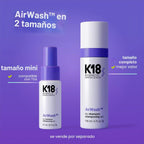 El champú seco K18 AirWash™, sin aerosol, equilibra el cuero cabell...