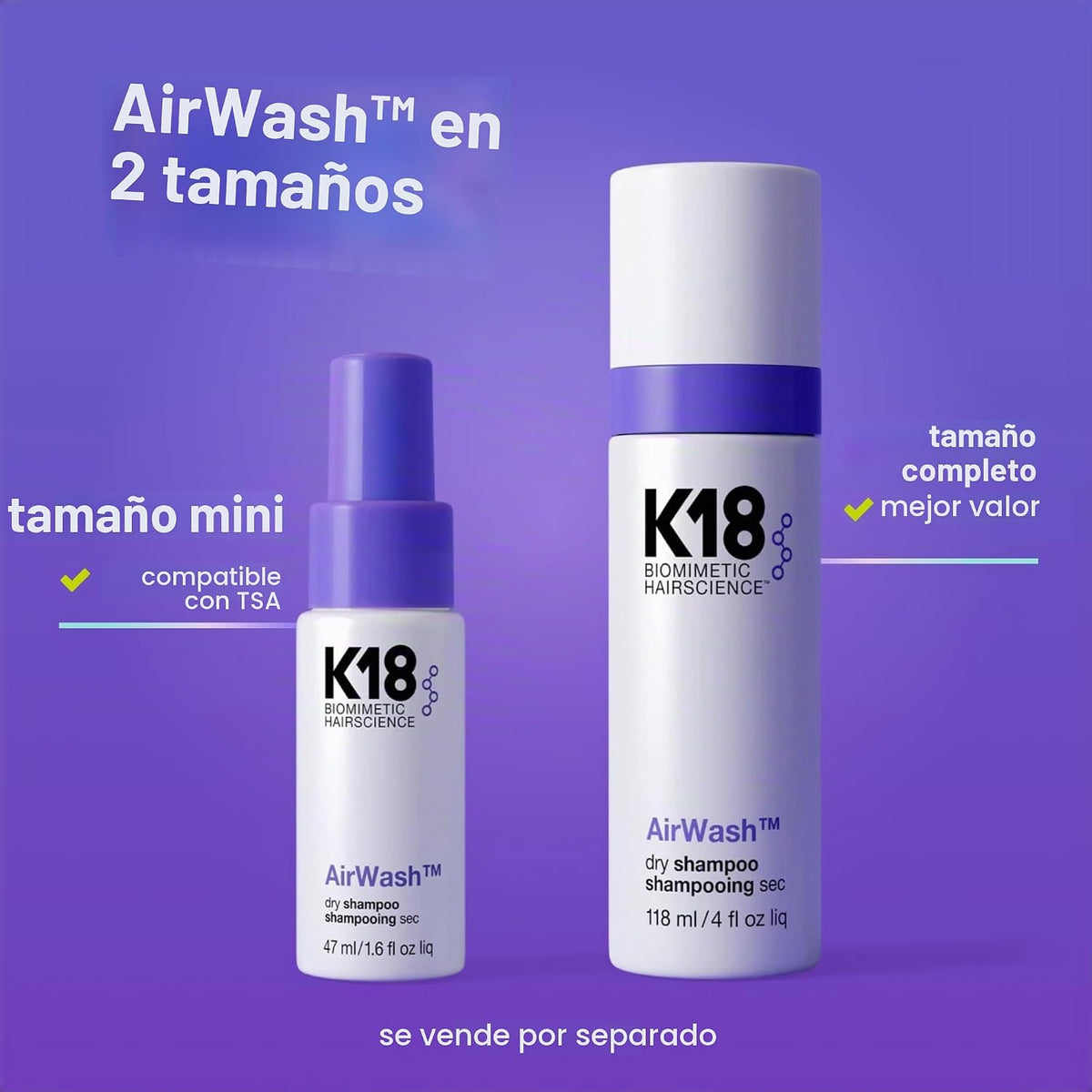 El champú seco K18 AirWash™, sin aerosol, equilibra el cuero cabell...