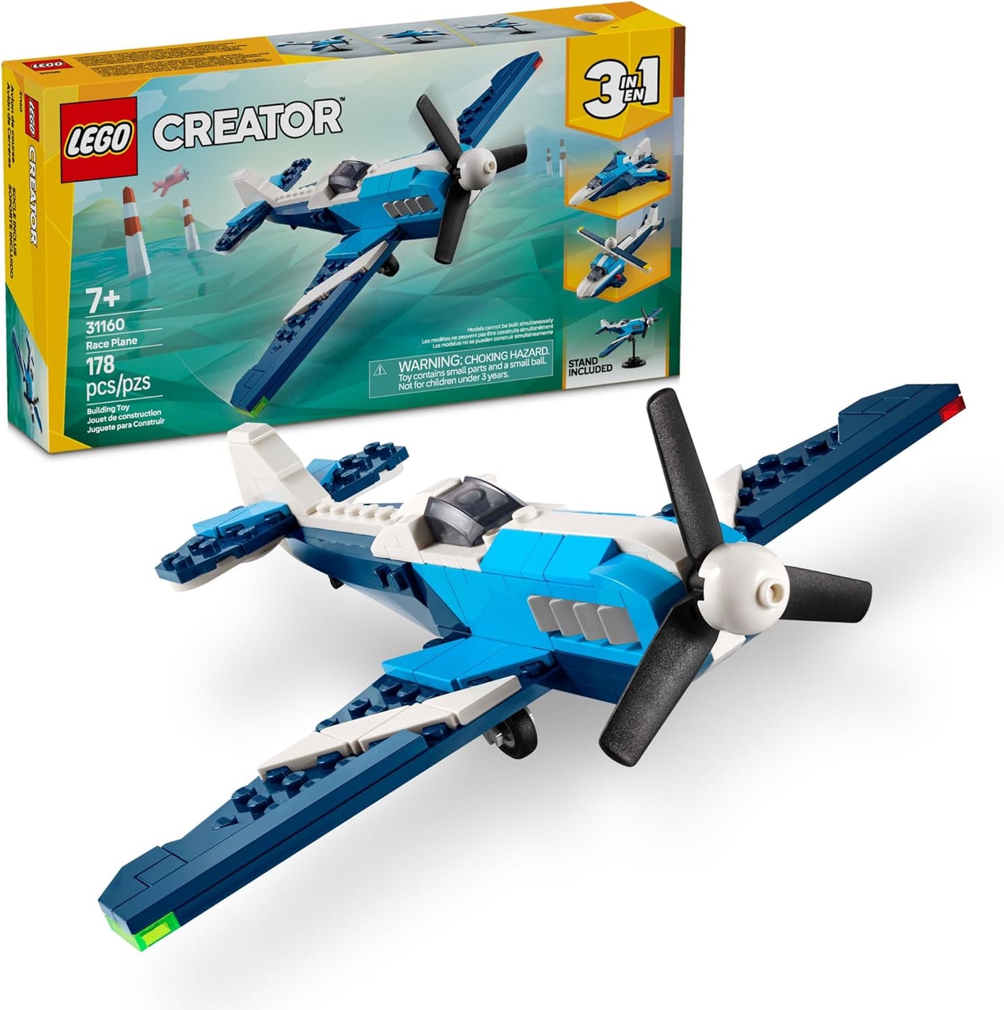 LEGO Creator 3 en 1 Avión de Carrera de Aviones Juguete - Juguete de Construcción con 3 Opciones de Construcción, Avión, Avión de Caza o Helicóptero - Idea de Regalo para Niños, Niños y Niñas, Edades
