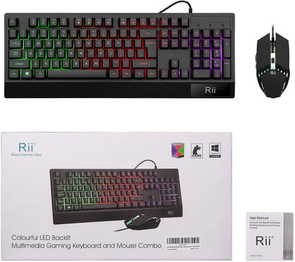 Rii, combo de teclado y mouse para juegos, teclado con cable USB, con 104 teclas, retroiluminación RGB LED con reposamuñecas para PC/Laptop (negro)