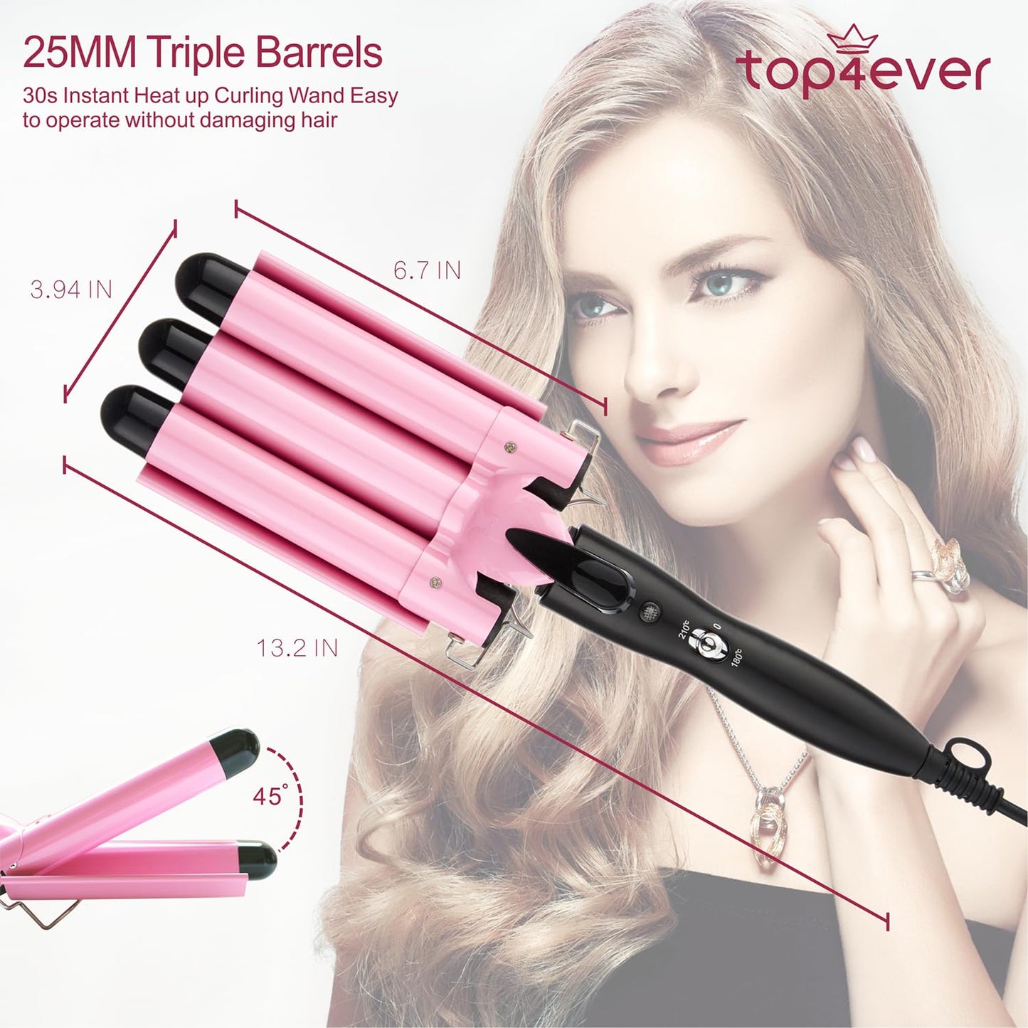 TOP4EVER Rizador de 3 barriles, herramienta de pelo de 1 pulgada, rizador para mujer, ondas de playa con dos ajustes de temperatura, color rosa