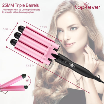 TOP4EVER Rizador de 3 barriles, herramienta de pelo de 1 pulgada, rizador para mujer, ondas de playa con dos ajustes de temperatura, color rosa