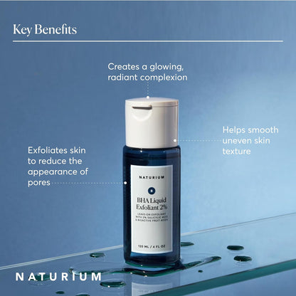 Naturium BHA Exfoliante Líquido 2%, Tratamiento Exfoliante de Poros Leave-on para Rostro y Cuidado de la Piel, con Ácido Salicílico y Ácidos de Frutas Bioactivos, El Empaque Puede Variar, 4 oz