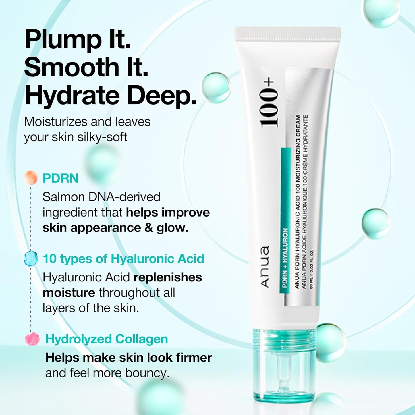 ANUA PDRN Crema Hidratante de Ácido Hialurónico 100, Hidratante Ligero con ADN de Salmón, Ácido Hialurónico, Colágeno para Piel de Vidrio, Cuidado de la Piel Coreano (60ml / 2.02 fl. oz)