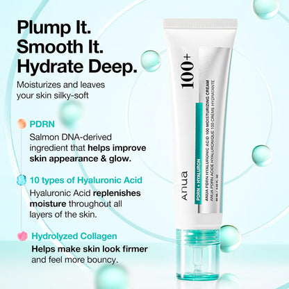 ANUA PDRN Crema Hidratante de Ácido Hialurónico 100, Hidratante Ligero con ADN de Salmón, Ácido Hialurónico, Colágeno para Piel de Vidrio, Cuidado de la Piel Coreano (60ml / 2.02 fl. oz)