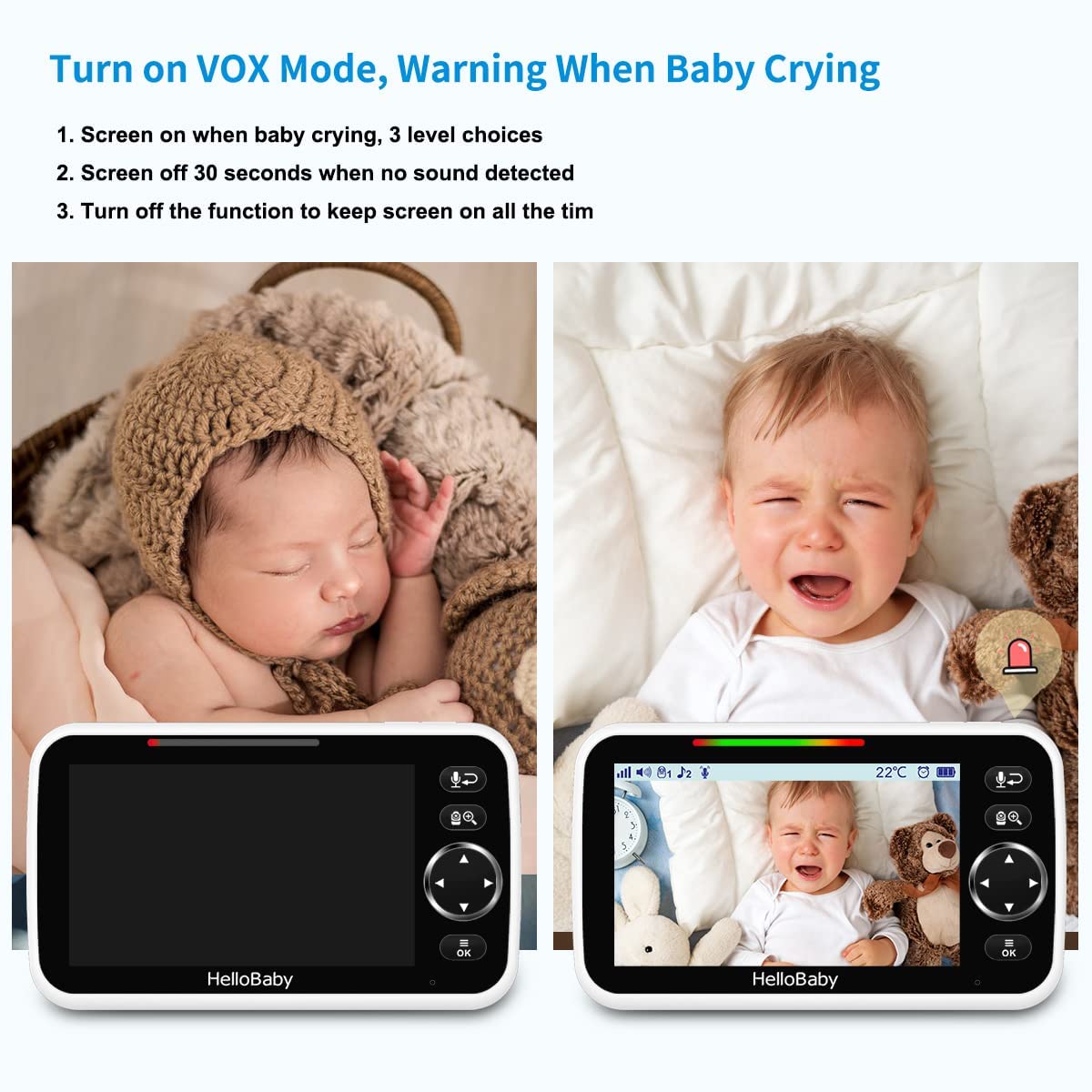HelloBaby Monitor de bebé sin WiFi, pantalla de 5 pulgadas, batería de 30 horas, video de panorámica/inclinación/zoom mejorado con cámara y audio, visión nocturna, VOX, conversación bidireccional, 8
