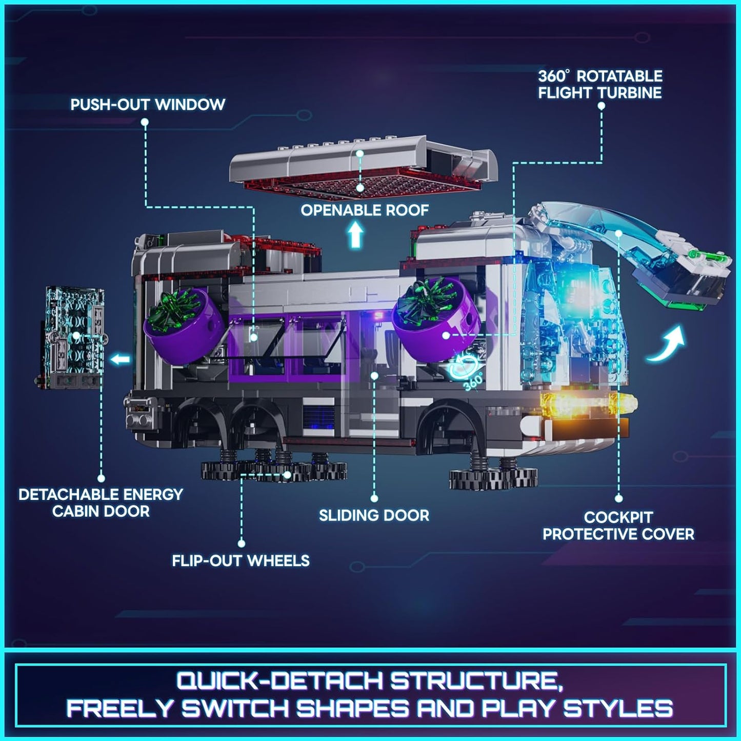 Cyberpunk Future-Bus - Juego de ladrillos de construcción, colección de vehículos del futuro de Cyberpunk City, luz LED, 2 en 1, modelo de automóvil, 605 piezas para adultos y amantes de la