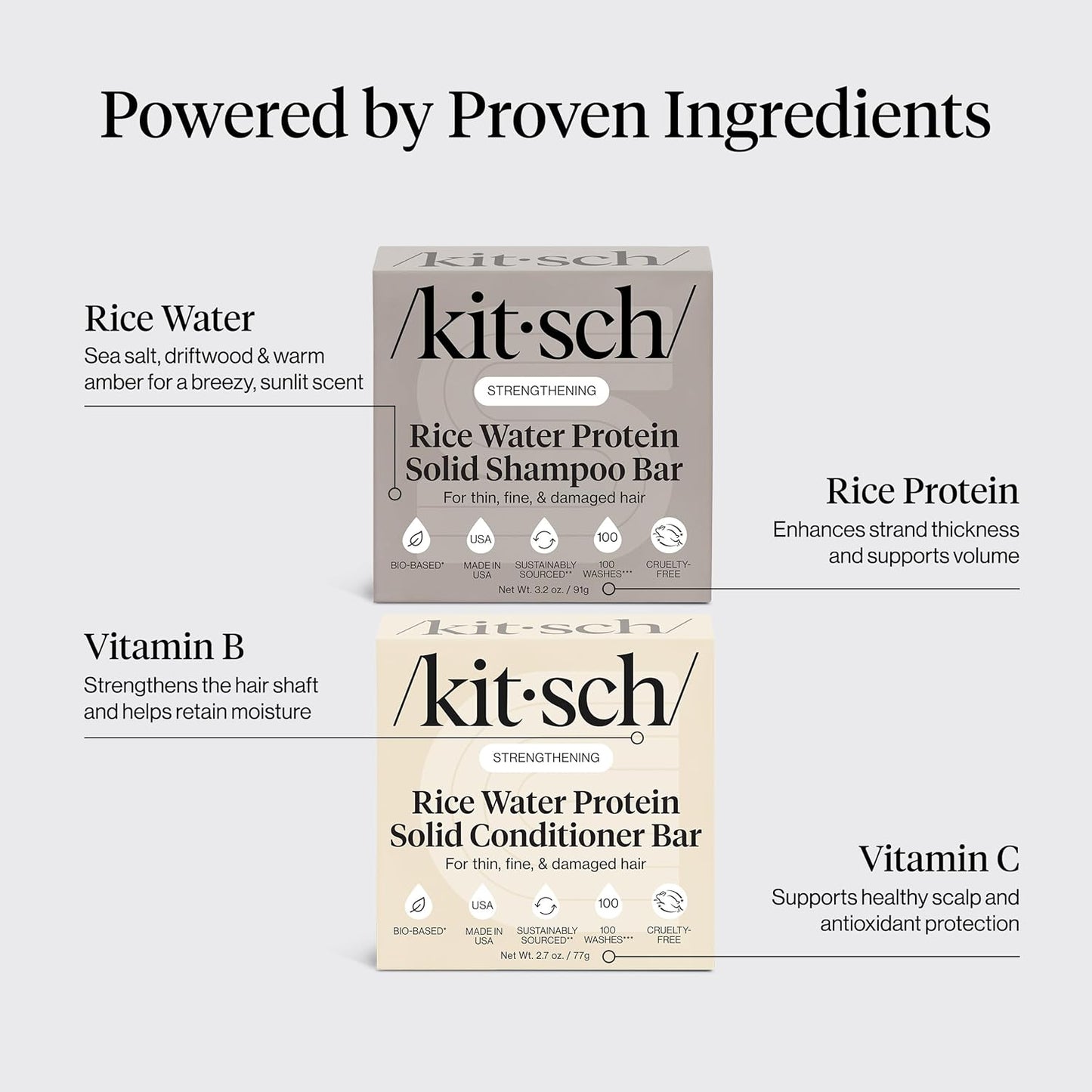 Kitsch Champú y acondicionador sólido de proteína de agua de arroz para el crecimiento del cabello – Dúo fortalecedor del cuidado del cabello con proteína de arroz y vitaminas para reparación de daños – Sin parabenos, sulfatos y silicona, fabricado en Est