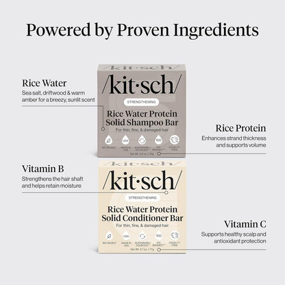 Kitsch Champú y acondicionador sólido de proteína de agua de arroz para el crecimiento del cabello – Dúo fortalecedor del cuidado del cabello con proteína de arroz y vitaminas para reparación de daños – Sin parabenos, sulfatos y silicona, fabricado en Est