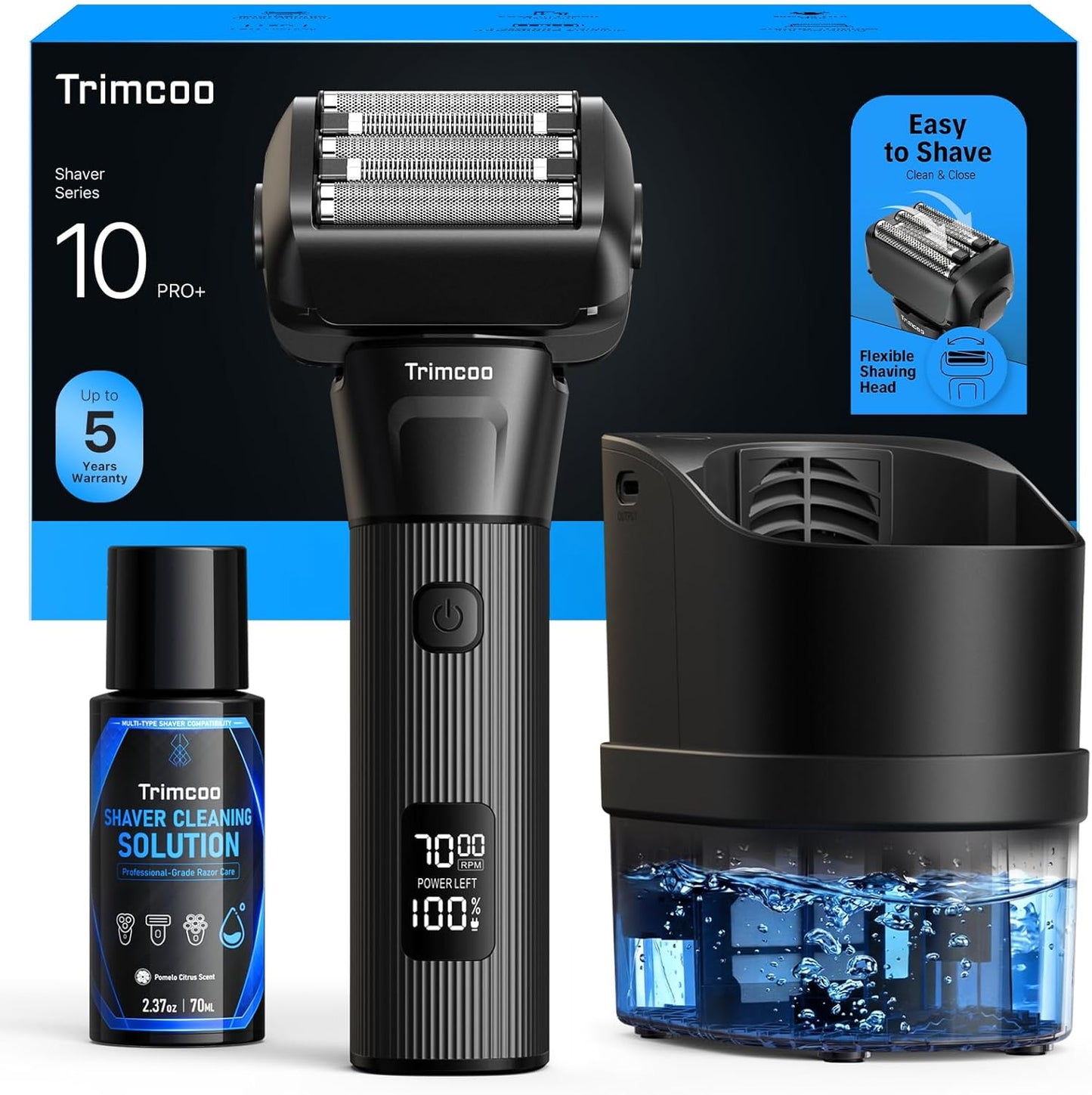 Afeitadora eléctrica para hombres – Trimcoo Kit de maquinilla de afeitar de 5 hojas | Suave con la piel sensible | Centro de autolimpieza, carga USB-C, tiempo de funcionamiento de 180 minutos, IPX7
