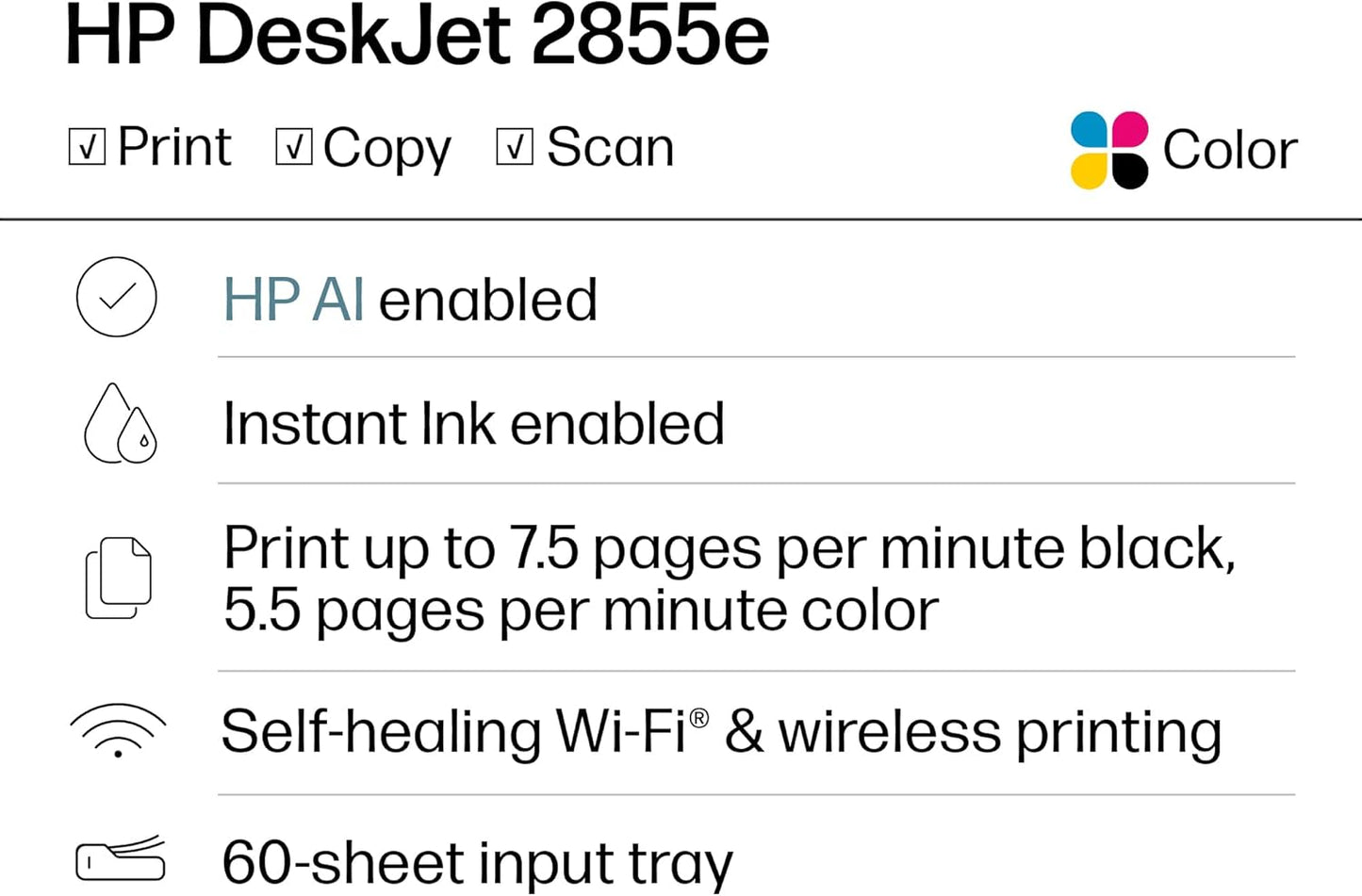 HP DeskJet 2855e Impresora inalámbrica de inyección de tinta todo en uno, escáner, fotocopiadora, lo mejor para el hogar, 3 meses de tinta instantánea incluida, conectividad Wi-Fi de una sola banda