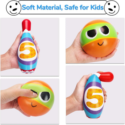 Juego de bolos para niños AugToy 2-5 años, juego de bolos de interior suave para niños de 1, 2, 3, 4 años, niños y niñas, 10 pines de bolos de espuma coloridos, 2 bolas de bolos, juego sensorial de