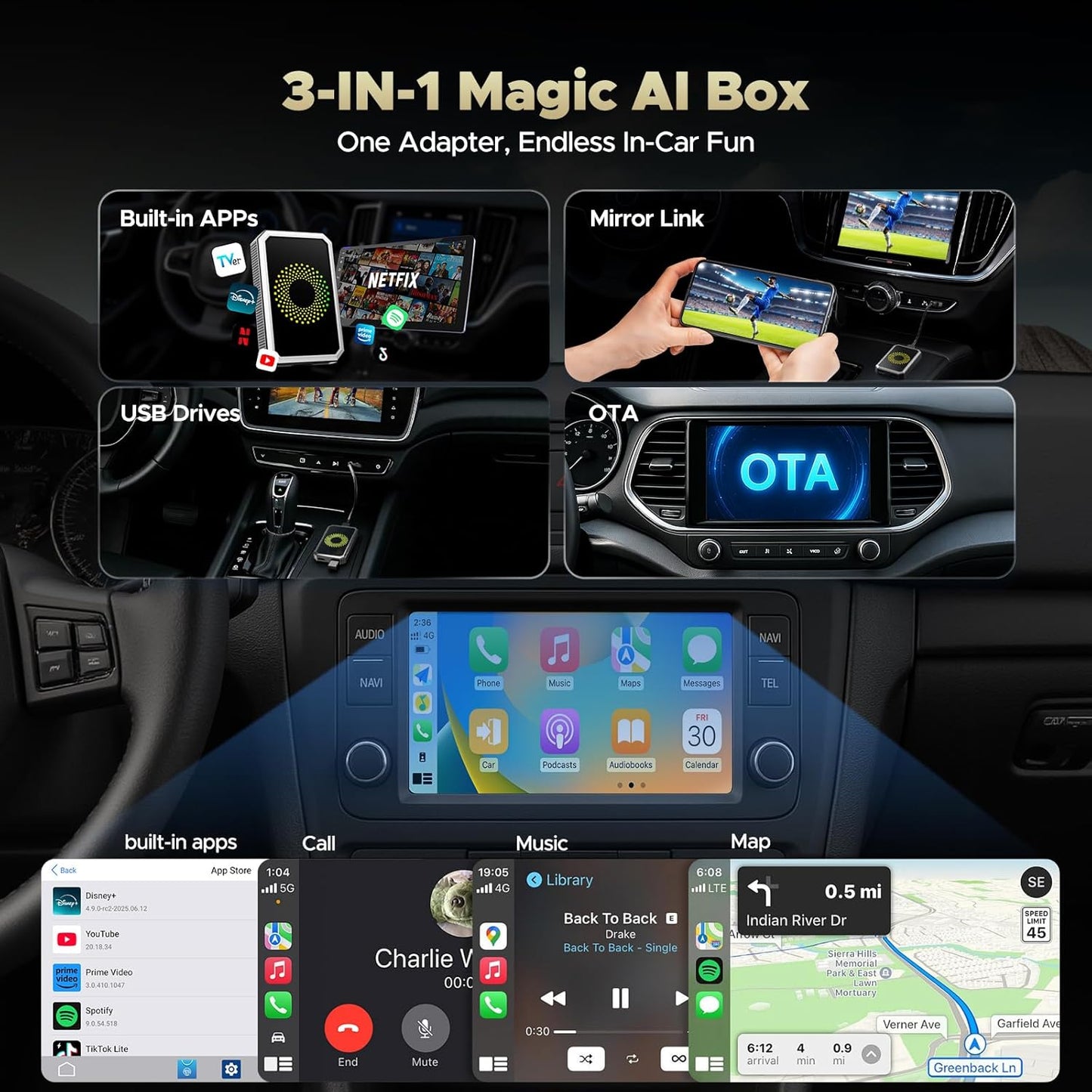 TOGUARDGO Adaptador inalámbrico 3 en 1 Carplay Magic AI Box con Net-Flix YouTube TikTok Actualización de Car Play con cable a soporte inalámbrico Unidad USB para iPhone 10+ y Android 13+