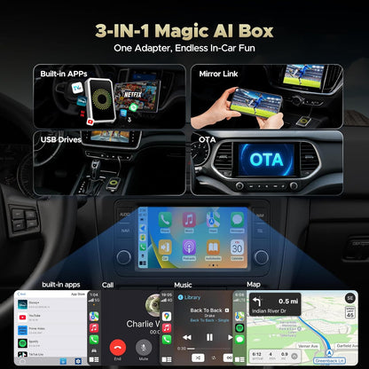 TOGUARDGO Adaptador inalámbrico 3 en 1 Carplay Magic AI Box con Net-Flix YouTube TikTok Actualización de Car Play con cable a soporte inalámbrico Unidad USB para iPhone 10+ y Android 13+