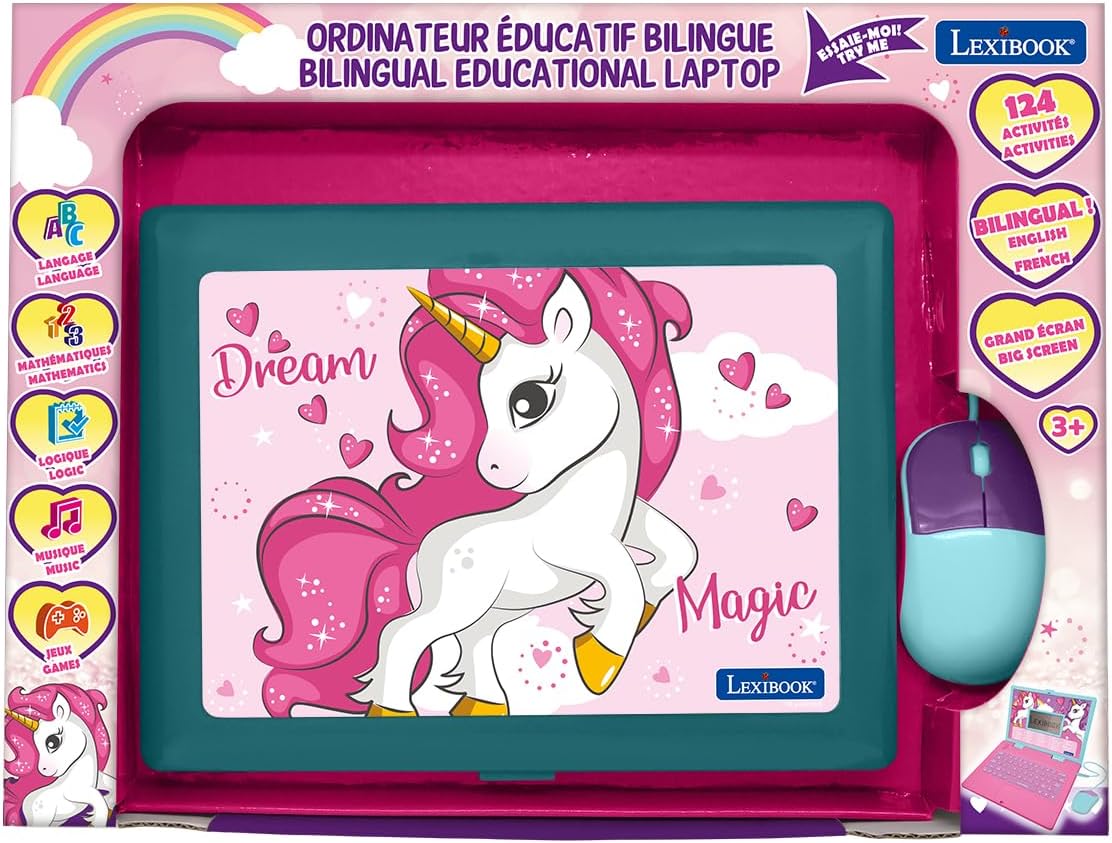 LEXiBOOK - Ordenador portátil educativo y bilingüe Unicornio español/inglés - Juguetes para niños con 124 actividades para aprender matemáticas, dactilografía, lógica, lectura de relojes, jugar juegos