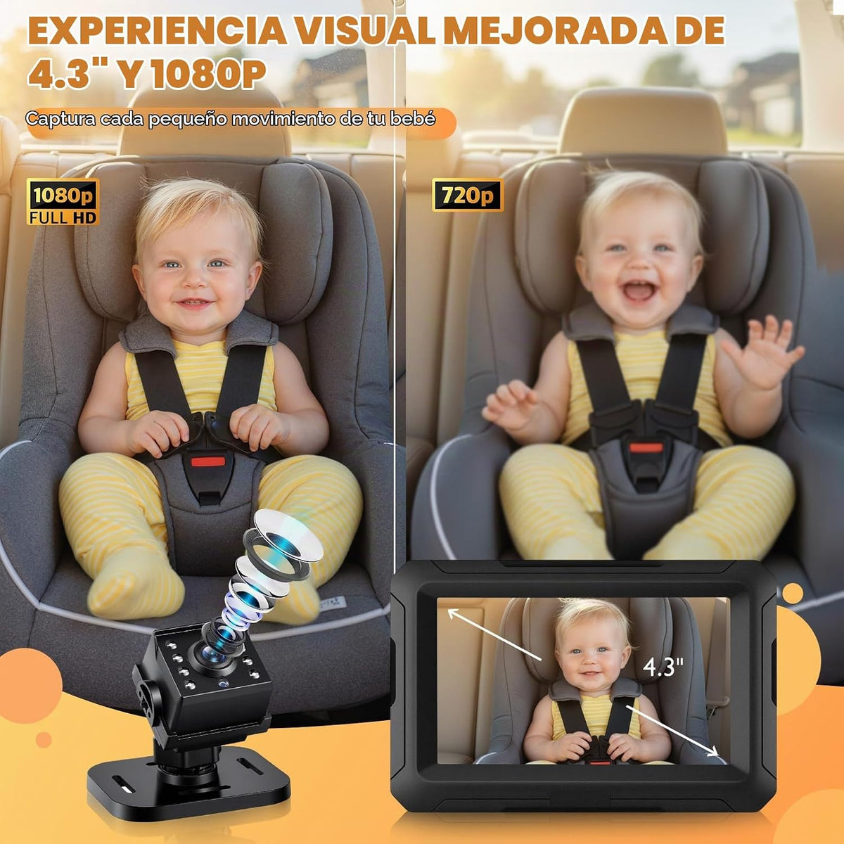 Zacro Cámara de espejo de coche para bebé 1080P para asiento traser...