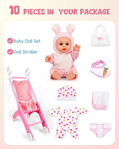Juego de cochecito de muñeca con 2 trajes de muñeca, cochecito de bebé de juguete para muñecas con pañal, babero y mini bolsa, regalo imaginativo para juegos de roles para niños mayores de